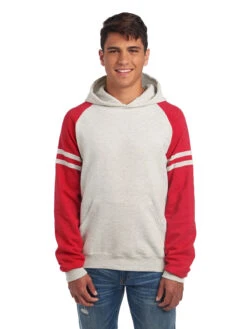 Jerzees Adult Unisex Nublend® Varsity Colorblocked Raglan Hooded Sweatshirt 15 Jerzees Adult Unisex Nublend® Varsity Colorblocked Raglan Hooded Sweatshirt -Jiffyshirts Sales Store 1680065996 97CR OatmealHeather FieryRedHeather front