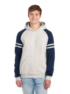 Jerzees Adult Unisex Nublend® Varsity Colorblocked Raglan Hooded Sweatshirt 12 Jerzees Adult Unisex Nublend® Varsity Colorblocked Raglan Hooded Sweatshirt -Jiffyshirts Sales Store 1680065996 97CR OatmealHeather IndigoHeather front