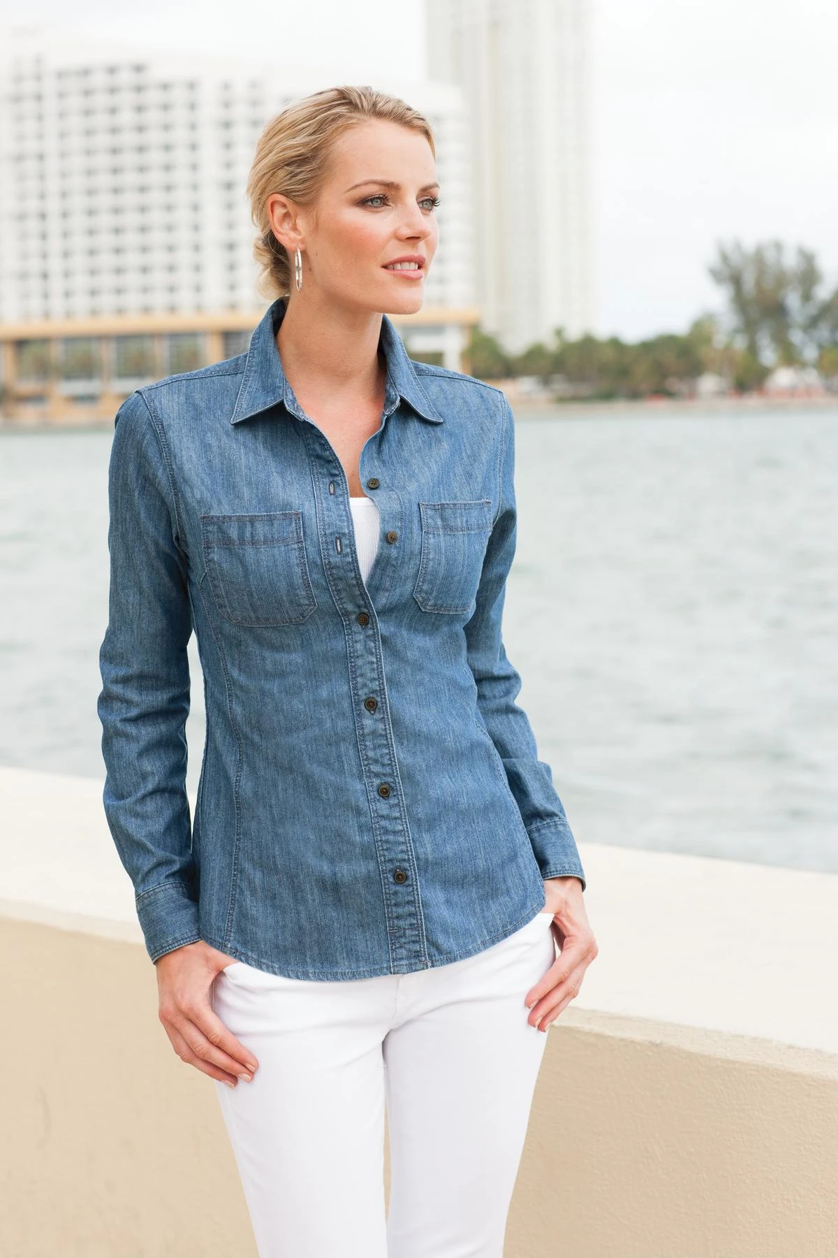 Ladies Patch Pockets Denim Shirt 4 Ladies Patch Pockets Denim Shirt - Image 2